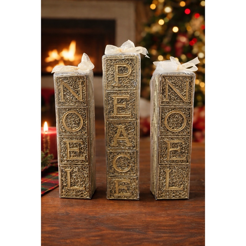 Noel Peace Joy Decorative‎ Block Set Gold Glitter Holiday Christmas Decor